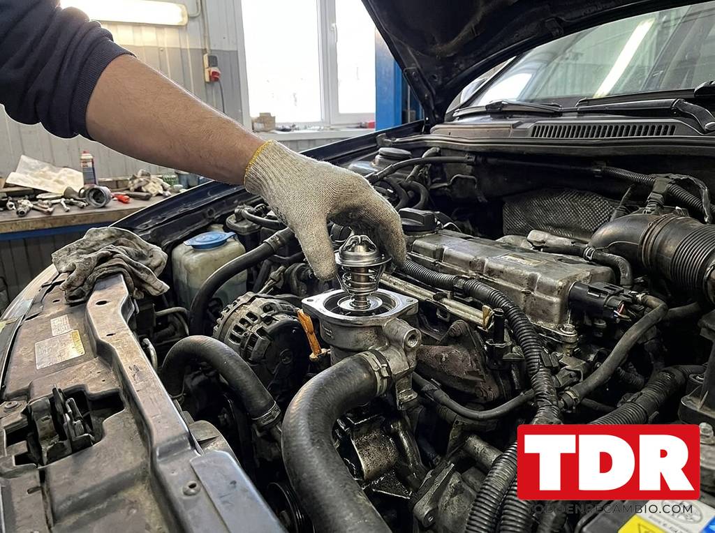 Mecanico colocando un termostato nuevo en su alojamiento del motor