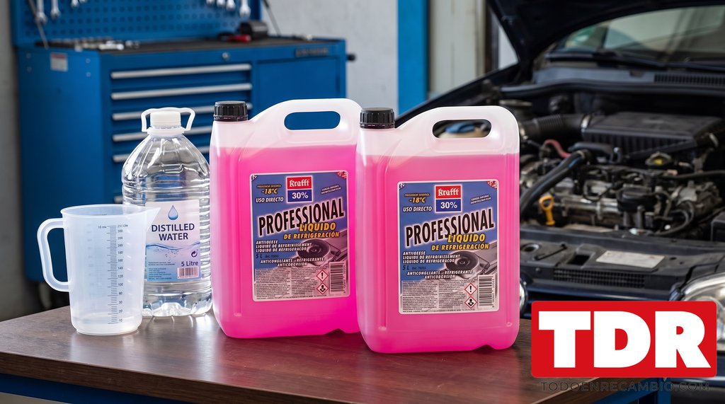 Dos garrafas de 5 litros de anticongelante Krafft Professional rosa junto a una jarra medidora y agua destilada
