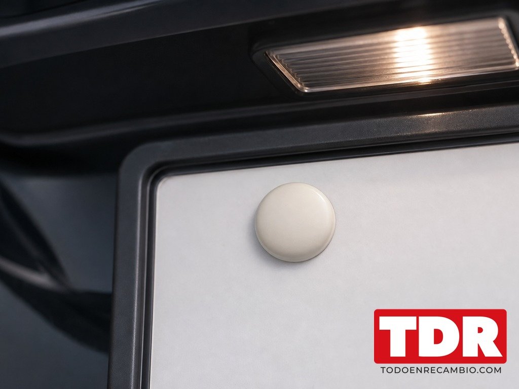 Detalle de la superficie reflectante de una placa de matricula con el capuchon del tornillo montado