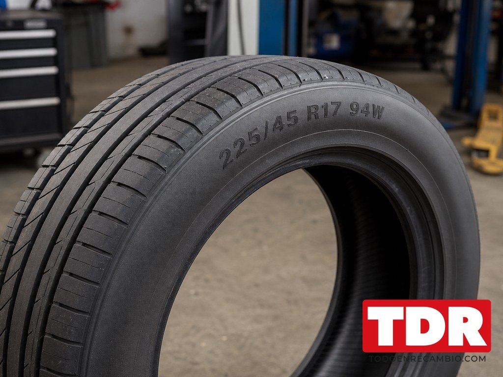 Detalle del flanco de un neumatico con la medida 225/45 R17 94W grabada y legible