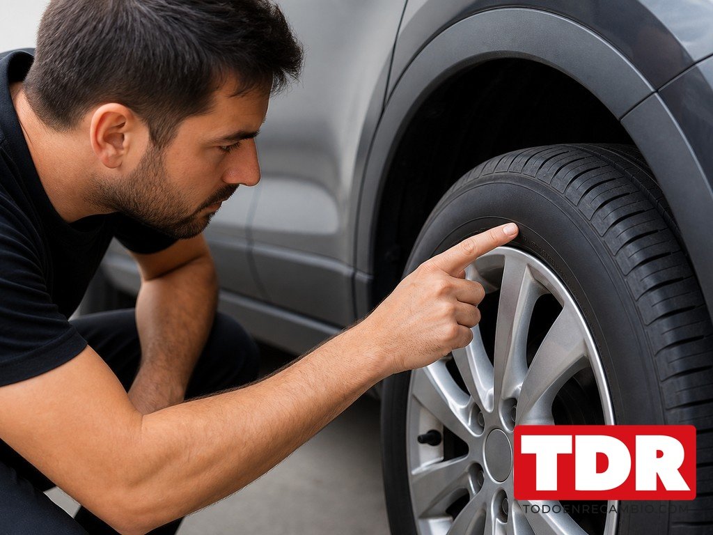 Persona senalando con el dedo la medida grabada en el flanco del neumatico de un coche