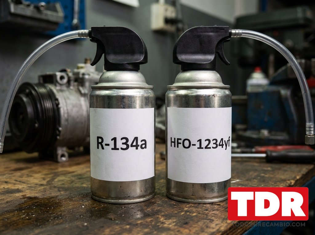 Dos envases de sellador de fugas de aire acondicionado, uno marcado R-134a y otro HFO-1234yf