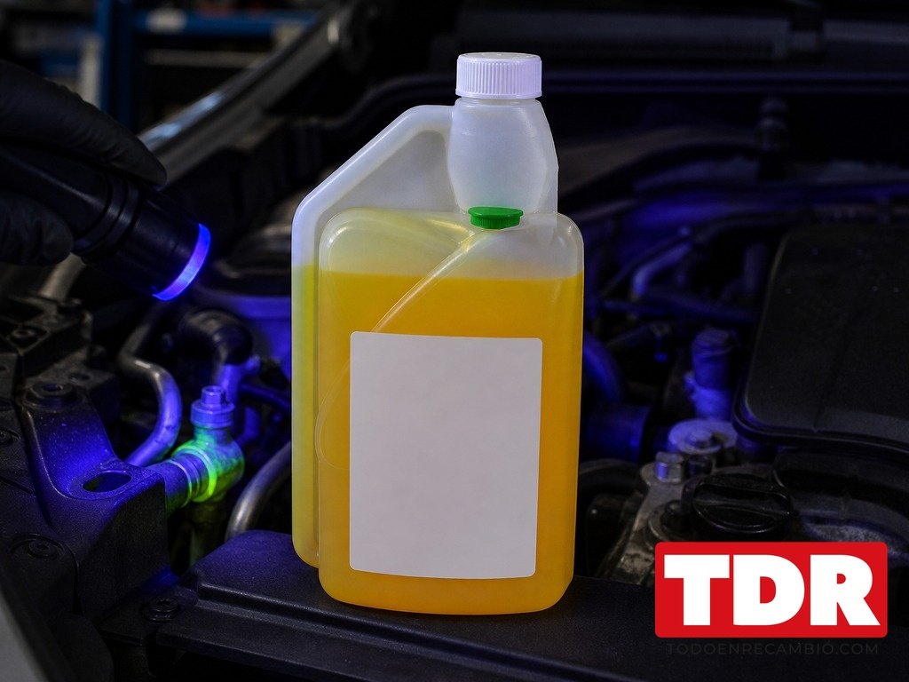 Vano motor iluminado con luz ultravioleta donde una fuga de aire acondicionado brilla en verde fluorescente en una union