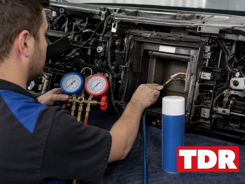 Tecnico conectando un grupo de manometros de alta y baja al circuito de aire acondicionado de un coche