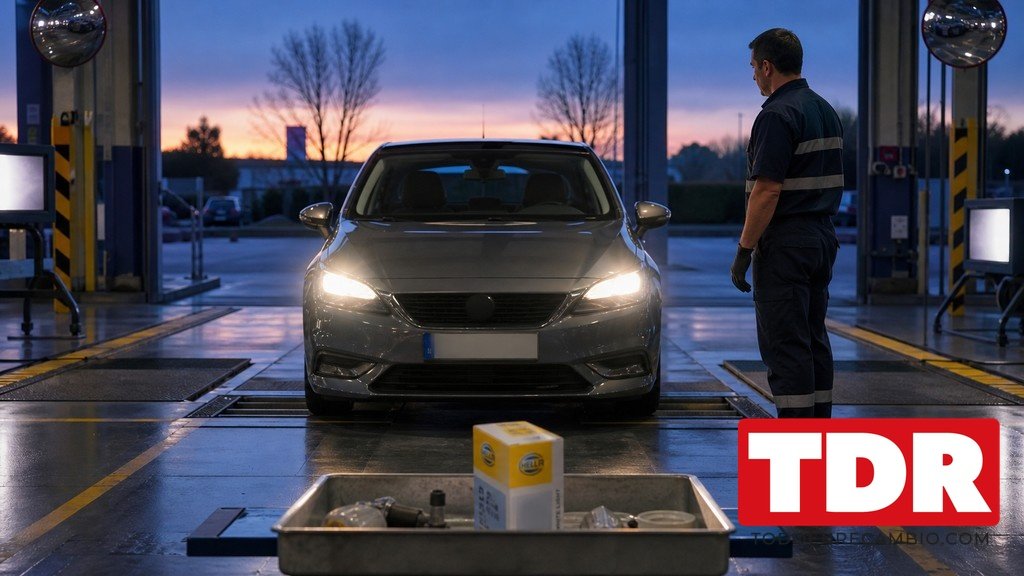 Faros delanteros de un coche encendidos vistos de frente en un taller