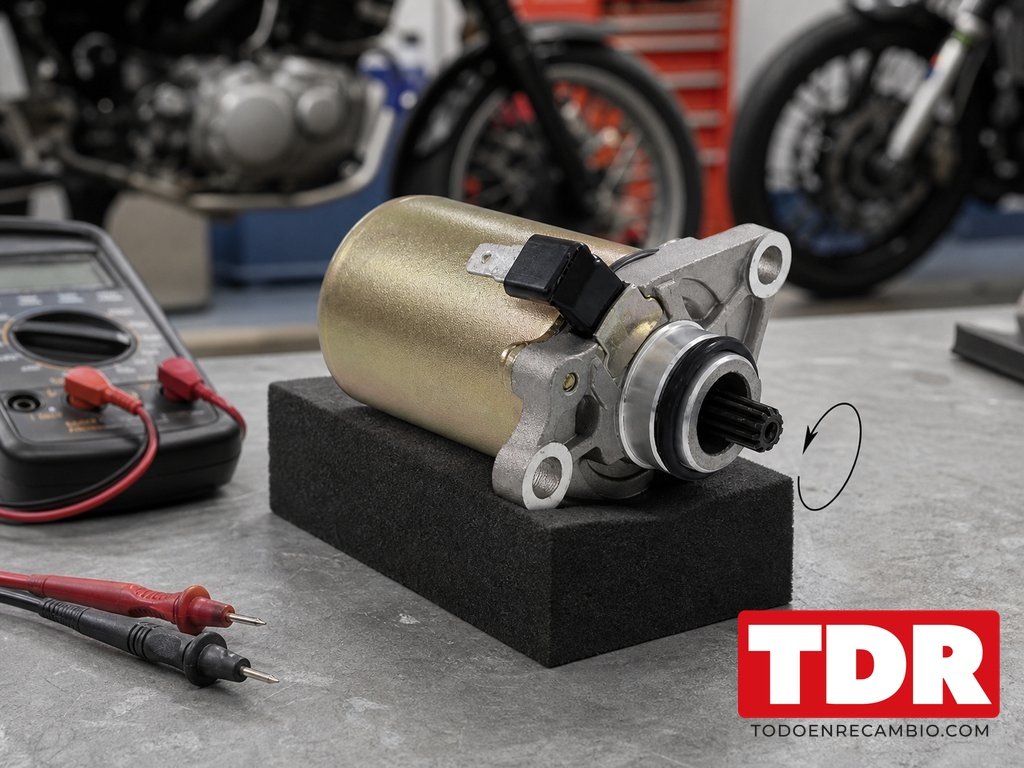 Recambios para moto Derbi sobre un banco de taller: maneta, cerradura y correa de transmision