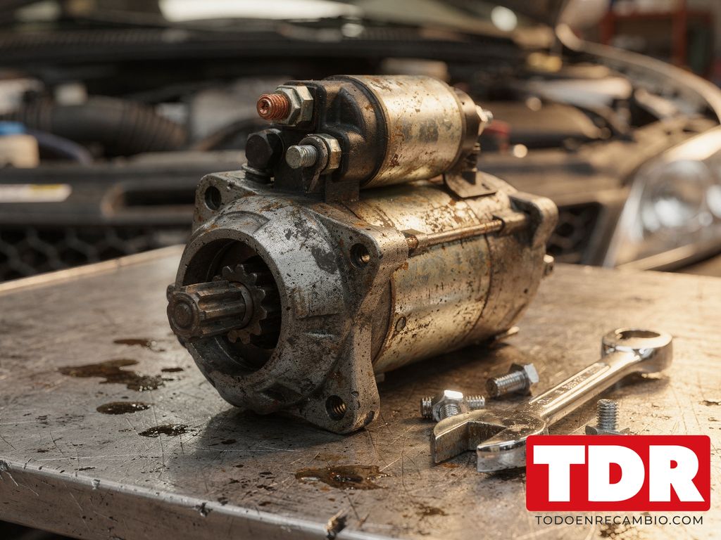 Motor de arranque de coche desmontado sobre un banco de taller junto a sus tornillos de fijacion