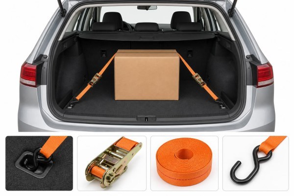 Cinta de sujeción para coche asegurando una caja en el maletero