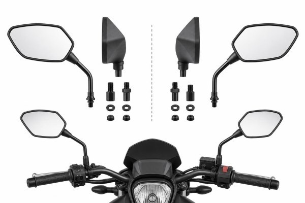 Retrovisores para moto derecho e izquierdo sobre una superficie técnica