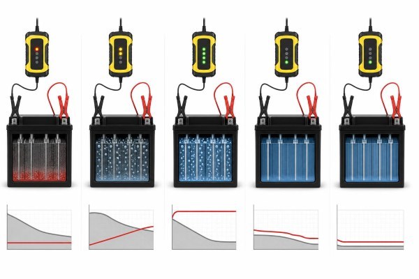Fases de carga de un cargador inteligente para batería de moto