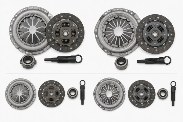 Componentes de un kit de embrague para coche con disco, plato de presión y cojinete