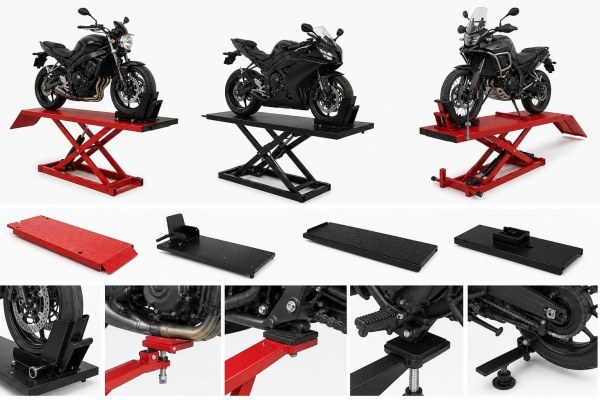 Plataforma de elevación hidráulica con moto asegurada mediante cinchas