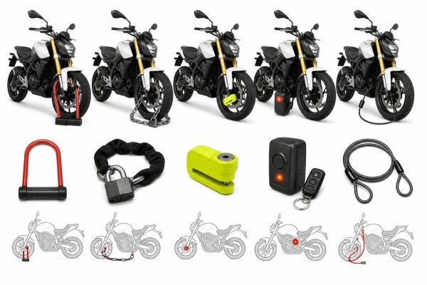 Cadena, antirrobo de disco y anclaje de seguridad para moto