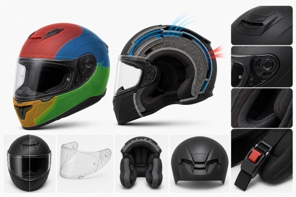 Partes y zonas de protección de un casco integral de moto homologado