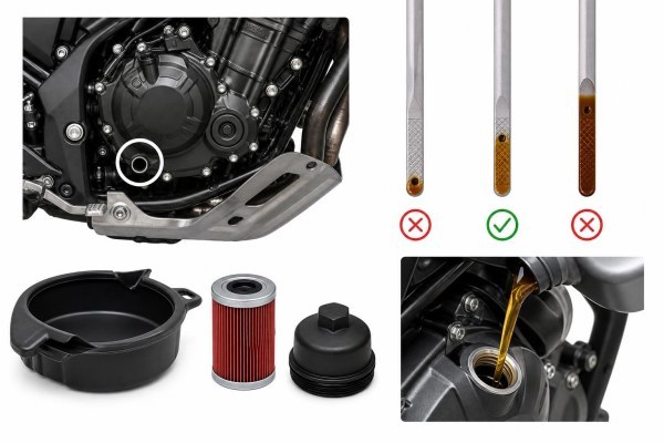 Comprobación del nivel de aceite y mantenimiento del motor de una moto