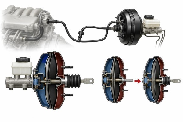Esquema técnico de un servofreno para coche con pedal, cilindro maestro y tubería de vacío