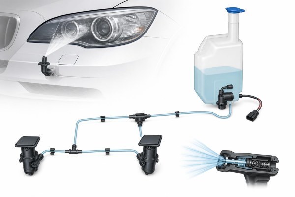 Esquema de componentes de un sistema limpiafaro de automóvil