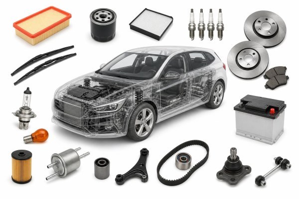Piezas de recambio para mantenimiento del coche agrupadas por función