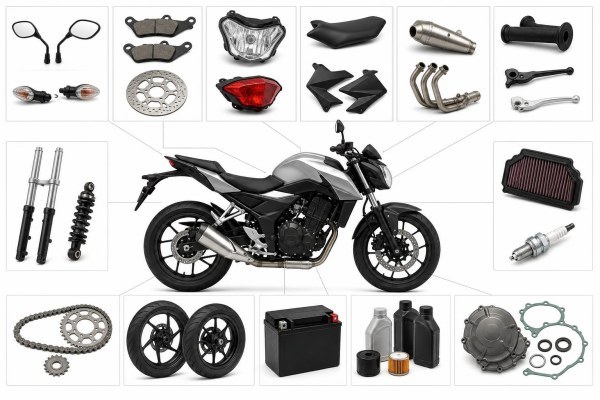 Diferentes recambios y accesorios de moto organizados por familias