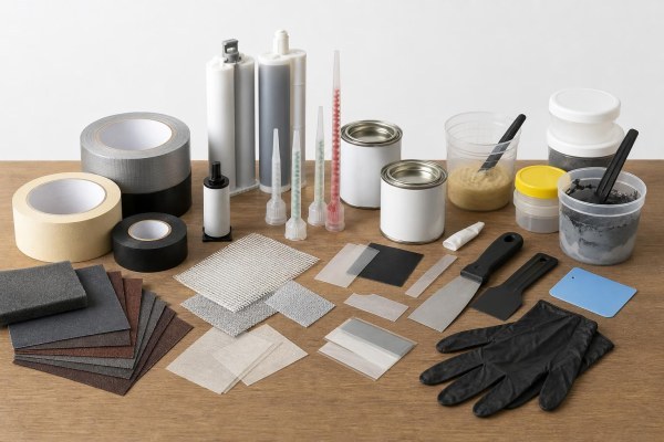 Consumibles para reparación de motos organizados en una mesa de taller