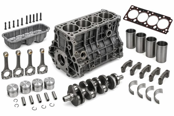 Esquema técnico de un bloque de motor para coche con cilindros, camisas, cigüeñal y ventilación del cárter