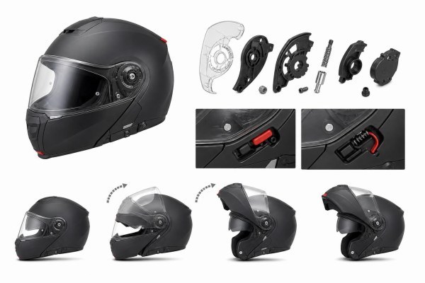 Diagrama de casco modular de moto con mentonera abatible y cierre señalados